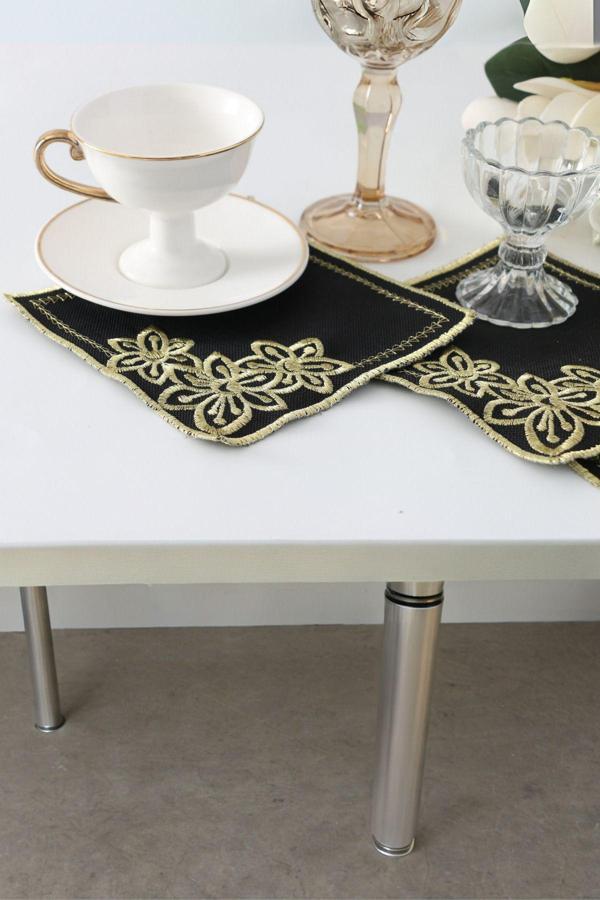 Plt Design 6'Lı Çiçek Desenli Siyah Linen Keten Kahve Yanı Kokteyl Sunum Peçetesi - Image 1