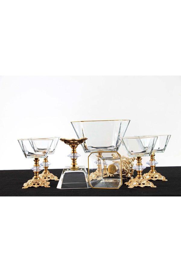 Plt Design 7 Parça Metal Ayaklı Gold Detaylı Cam Büyük Boy Salata - Magnolia Dondurmalık - Image 1