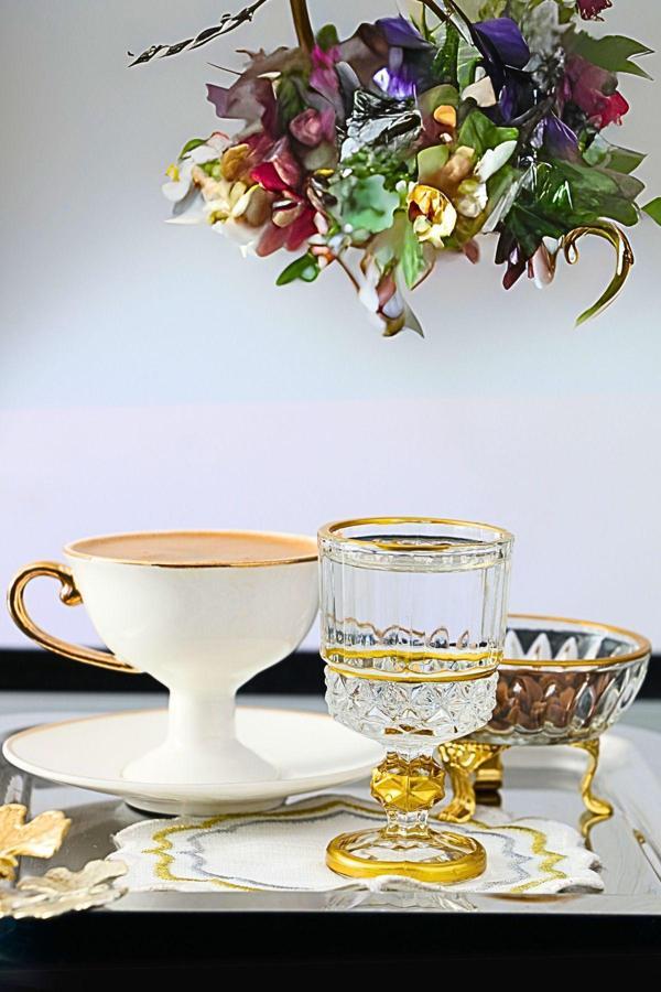 Plt Design Handmade  6Lı Yaldızlı- Gold Su-Kahve Yanı Bardağı - Kristal Ayaklı Su Bardağı -Kahve Yanı Su Bardak - Image 1