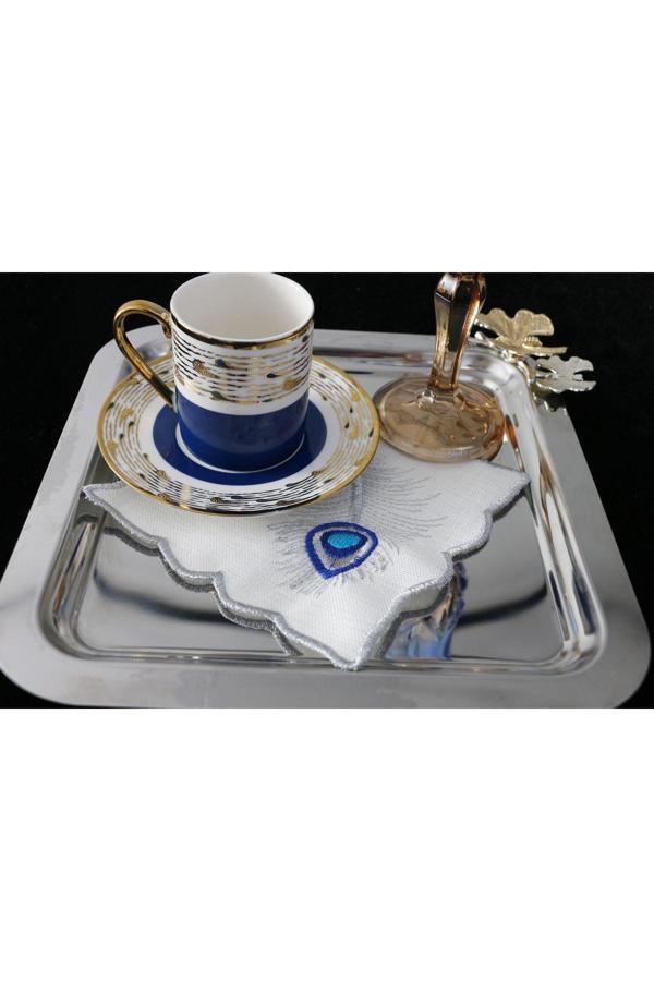 Plt Design 6'Lı Nazar Boncuk Desenli Linen Keten Kahve Yanı Kokteyl Sunum Peçetesi - Image 1