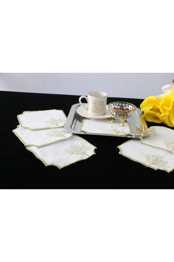 Plt Design 6'Lı Hayat Ağacı Desenli Linen Keten Kahve Yanı Kokteyl Sunum Peçetesi - Image 1