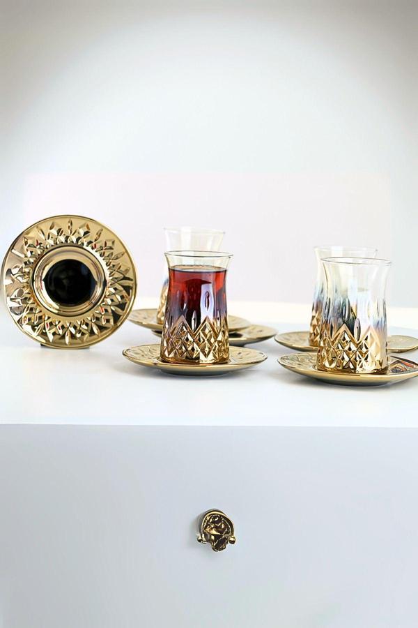 Plt Design 6 Kişilik 12 Parça Titanyum Gold Kaplama Çay Bardağı Seti Çay Takımı Makine Yıkama Garantili - Image 1