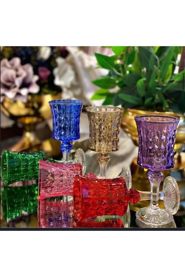 Plt Design El İşi 6Lı Rengarenk Su-Kahve Yanı Bardağı -6 Renkli Kristal Ayaklı Su Bardağı -Kahve Yanı Su Bardak - Image 1