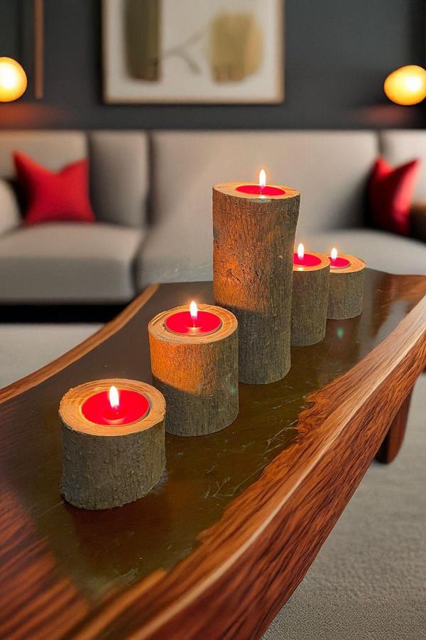 Celestia 5'Li Tealight Mumluk Seti, Doğal Kütük, El Yapımı Ahşap, Rustik Modern Dekor Bohem & İskandinav Tarz - Image 1