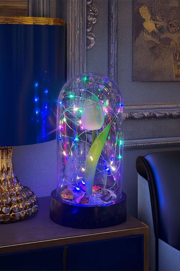 Celestia Anneler Gününe Özel Beyaz Lale Rgb Peri Ledli Fanus Lamba Usb'Li Yapay Çiçek Dekoratif Hediyelik - Image 1