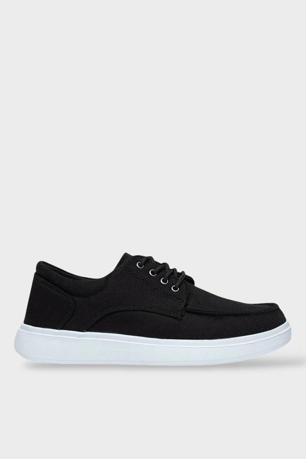 Erkek Keten Gabardin Kumaş Günlük Sneaker Ayakkabı SİYAH - BEYAZ - Image 1