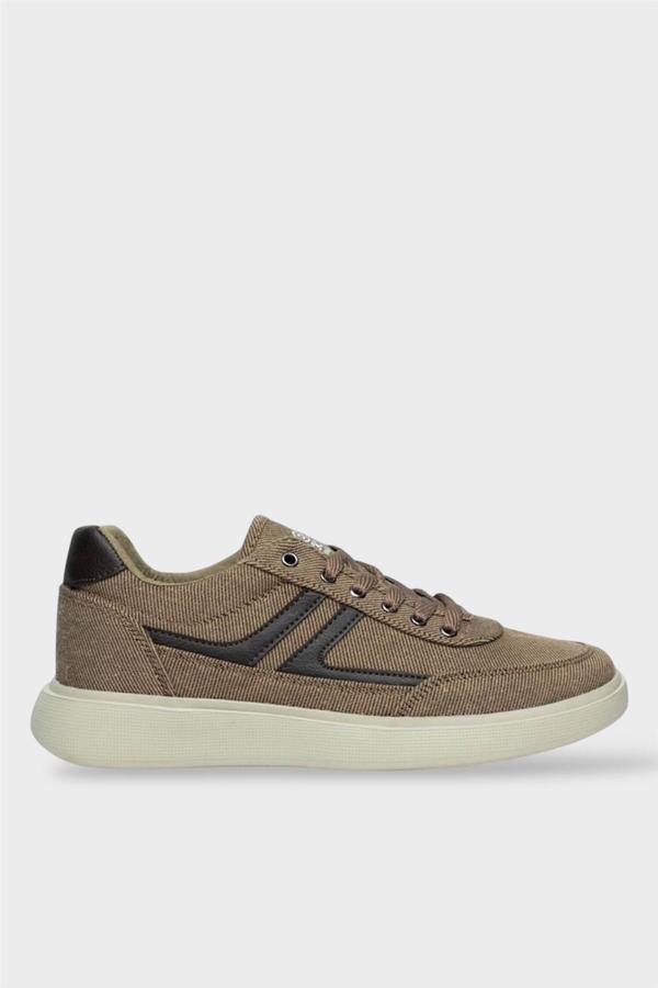 Erkek Keten Gabardin Kumaş Günlük Sneaker Ayakkabı VİZON - Image 1