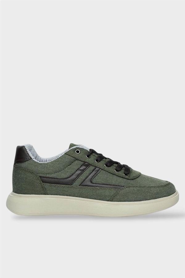Erkek Keten Gabardin Kumaş Günlük Sneaker Ayakkabı HAKİ - Image 1