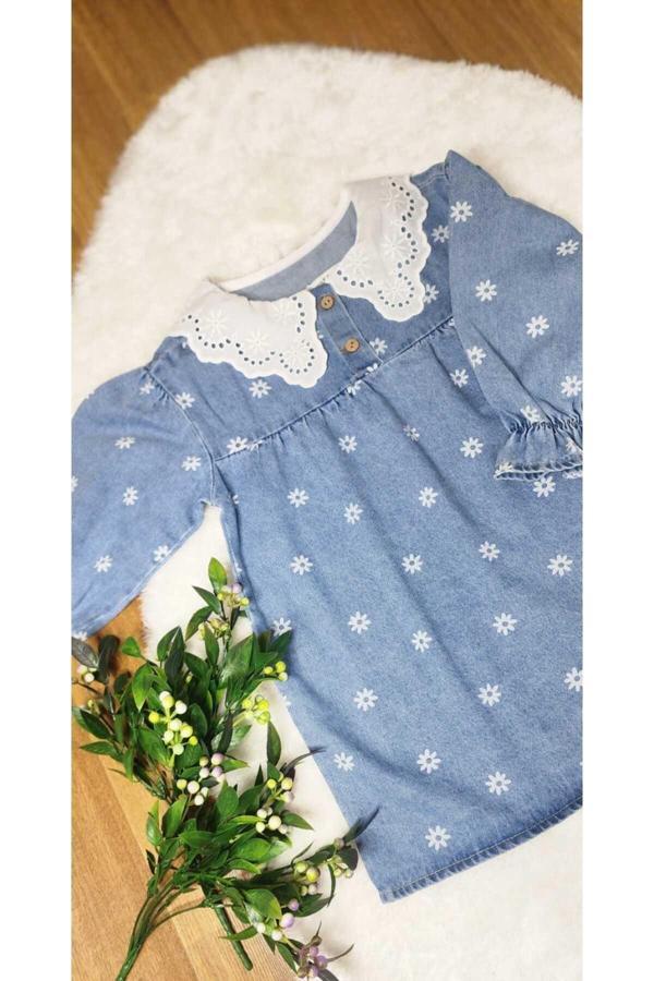 Lav Mer Kids Papatya Detayli Kız Çocuk Kot Elbise. Beyaz Yaka Elbise 2-8 Yaş. - Image 1
