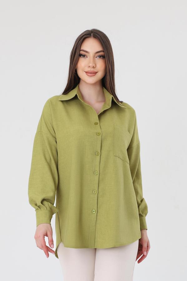 Tek Cepli Oversize Keten Gömlek- Yağ Yeşil - Image 1