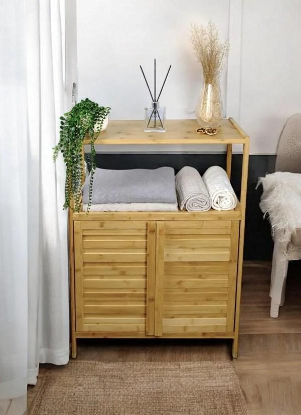 Bambu Çift Kapaklı 2 Raflı Çok Amaçlı Düzenleyici Organizer Banyo Dolabı - Image 1