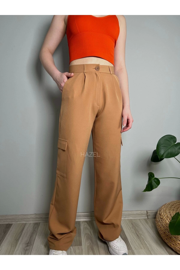 Kadın Camel Yüksek Bel Kargo Cepli Pantolon - Image 1
