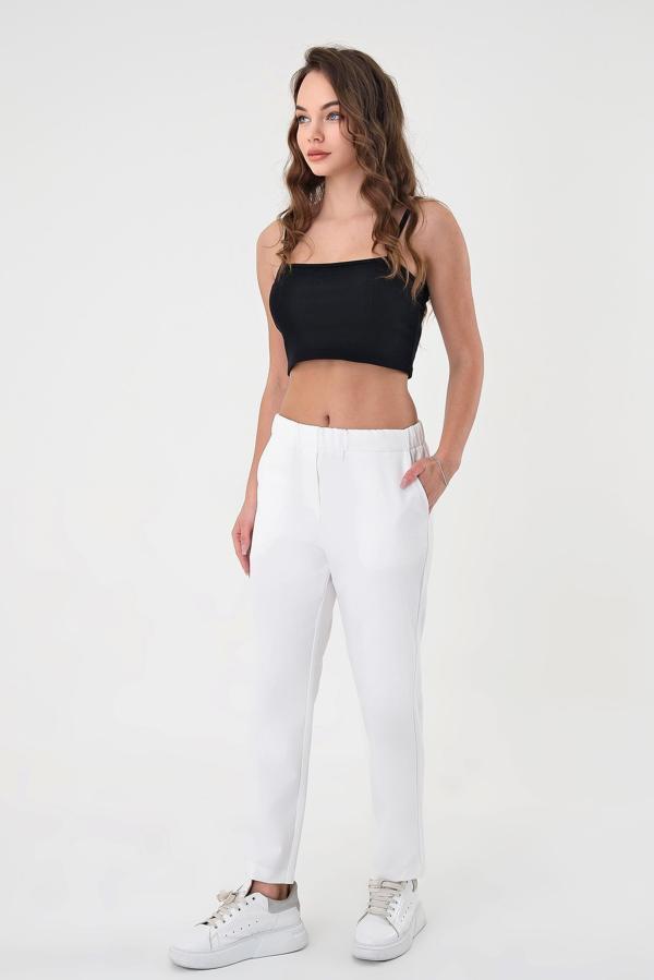 Kadın Beyaz Beli Lastikli Dar Kesim Pantolon - Image 1