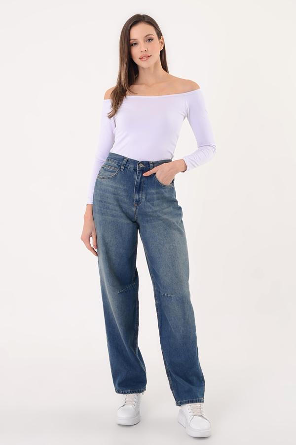 Kadın Lacivert  Yüksel Bel Soluk Efektli Baggy Jeans - Image 1