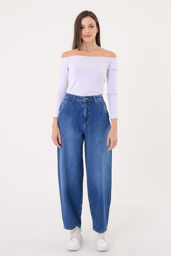 Kadın Mavi Bol Paça Baggy Pantolon - Image 1
