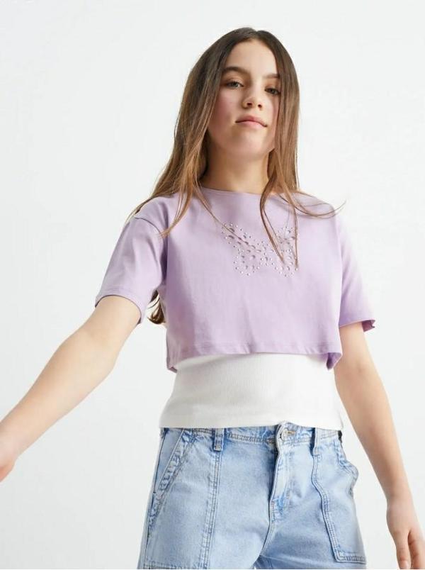 Kelebekli Taşlı Kız Çocuk Crop Set - Image 1