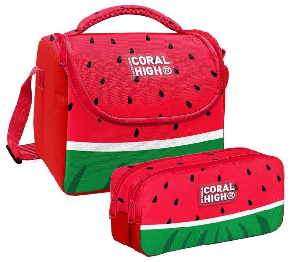 Coral High Erkek Çocuk Kırmızı Yeşil Karpuz Thermo Beslenme Çantası ve İki Bölmeli Kalemlik Seti - Image 1