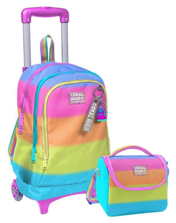 Coral High Işıklı Tekerlekli Çekçek Okul Çanta + Isı Yalıtımlı Beslenme Çantası - Kız Çocuk - Pembe Turuncu Renk Geçişli - Image 1