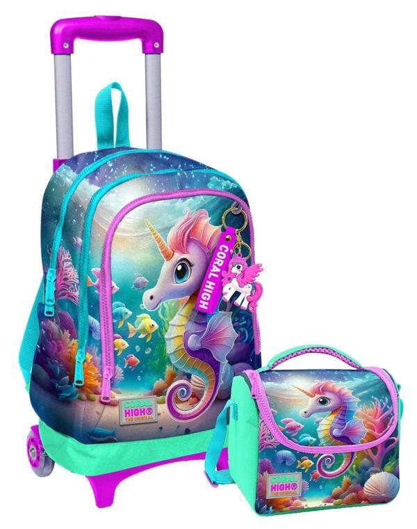 Coral High Işıklı Tekerlekli Çekçek Okul Çanta + Isı Yalıtımlı Beslenme Çantası - Kız Çocuk - Su Yeşili Denizatı - Image 1
