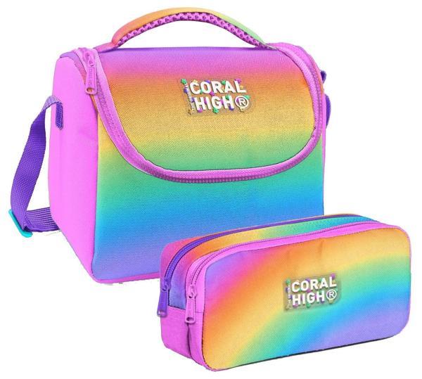 Coral High Kız Çocuk Çok Renkli Renk Geçişli Gradyan Thermo Beslenme Çantası ve İki Bölmeli Kalemlik Seti - Image 1