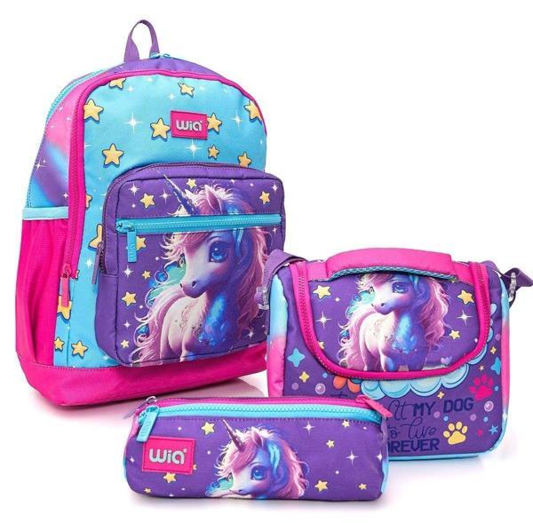 Wia Kız Çocuk Unicorn Desenli 3'lü Okul Çanta Seti - İlkokul Çanta Takımı - Image 1
