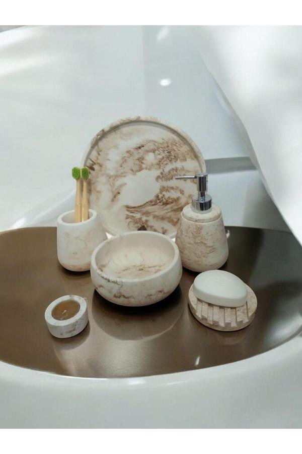 Trust Stone 6'Lı Mermer Desen Bej Beton Banyo Seti ,Sıvı Sabunluk Diş Fırçalığı Aksesuar Takım - Image 1