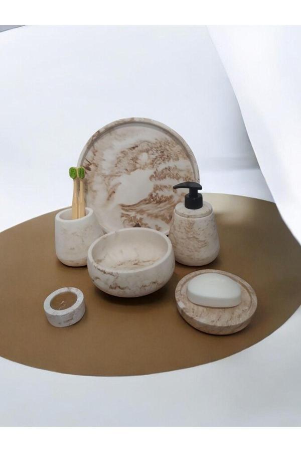 Trust Stone 6'Lı Mermer Desen Bej Beton Banyo Seti ,Sıvı Sabunluk Diş Fırçalığı Aksesuar Takım - Image 1