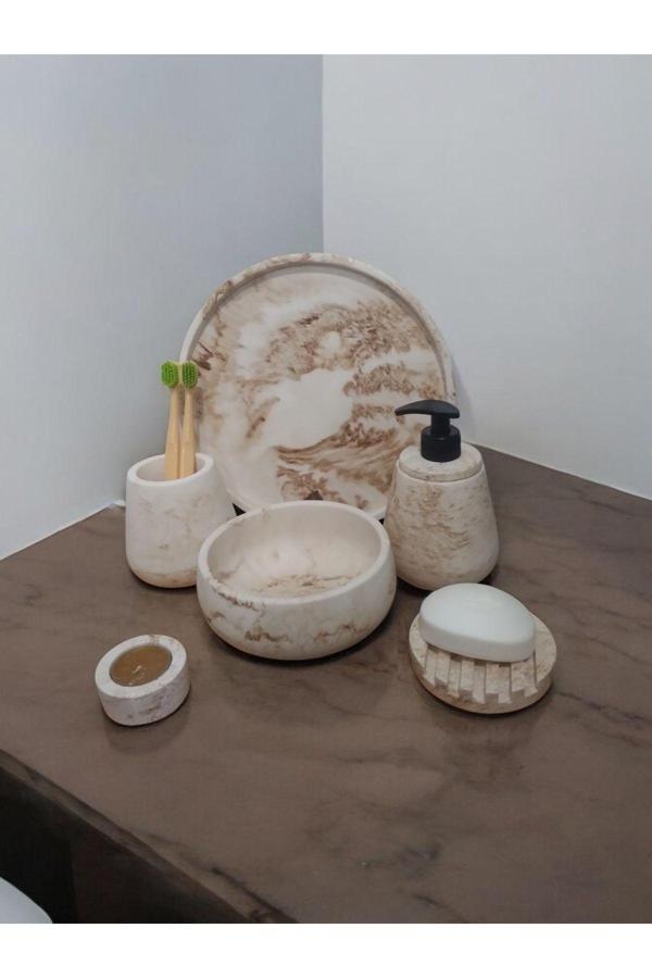 Trust Stone 6'Lı Mermer Desen Bej Beton Banyo Seti ,Sıvı Sabunluk Diş Fırçalığı Aksesuar Takım - Image 1