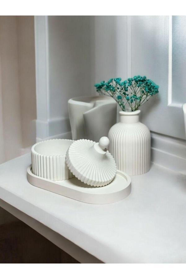 Trust Stone Dekoratif 3 Lü Beton Set Oval Tepsi, Kapaklı Kutu Ve Çizgili Vazo Dekoratif   Süs Eşyası Biblo - Image 1