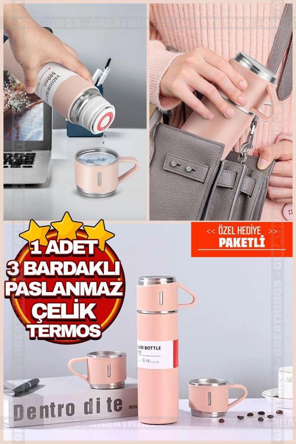 Pembe Piknik Kamp Termosu Paslanmaz Çelik 3 Bardaklı 500ML Vakumlu Çay Kahve Sıcak Soğuk Termos Seti - Image 1