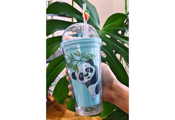 Pipetli Karakter Figürlü Sevimli Panda Temalı Çift Katman 450 ML Suluk Pipetli Mika Matara Mavi 2770 - Image 1