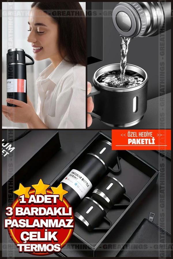 Siyah Piknik Kamp Termosu Paslanmaz Çelik 3 Bardaklı 500 Ml Vakumlu Çay Kahve Sıcak Soğuk Termos Set - Image 1