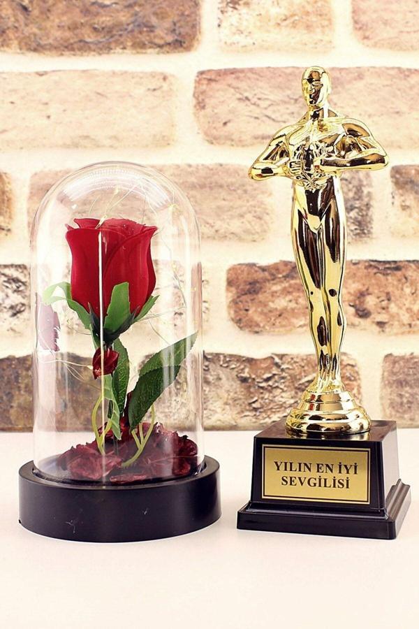 Yılın En Iyi Sevgilisi Oscar Ödülü Ve Led Işıklı Fanus Gül Seti Sevgiliye Özel Günlere Şık Hediye - Image 1