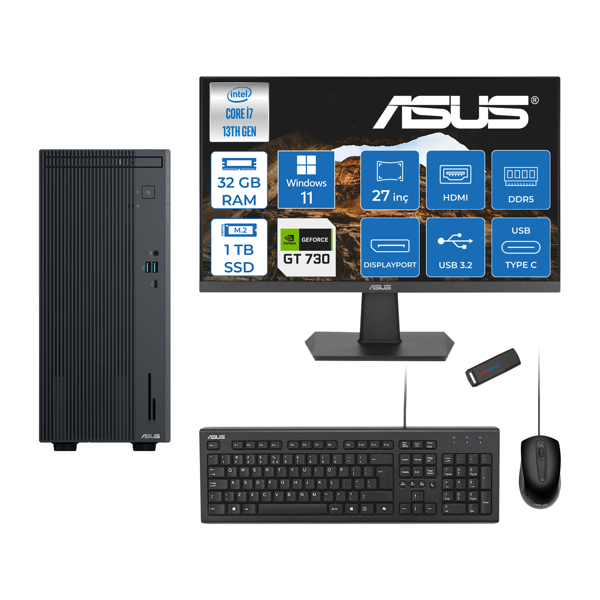 Asus Expertcenter P500MV Intel Core I7-13620H 32GB Ddr5 1tb SSD WIN11HOME 4GB/GT730 100HZ IPS 27" Mon Minitower Masaüstübilgisayar WF7136216512B0DH13+ZETTAUSBBELLEK - Image 1