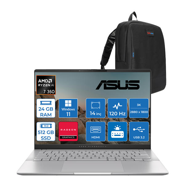 Asus Vivobook S14 Amd Ryzen Aı 7 350 24GB LPDDR5X 512GB 14" 3k OLED 120Hz 600NIT Amd Radeon Graphics Windows 11 Home Taşınabilir Bilgisayar M5406KAH01 + Zettaçanta - Image 1