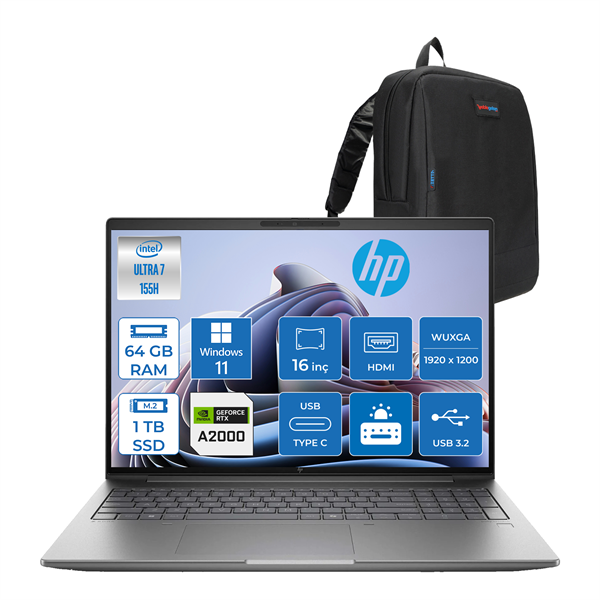 Hp Zbook Power G11 Ultra 7 155H 64GB Ddr5 1tb SSD 8GB/RTXA2000 16" Wuxga IPS Windows 11 Pro Yapay Zeka Destekli Mobil Iş Istasyonu 8T0U3EAP08 + Zettaçanta - Image 1