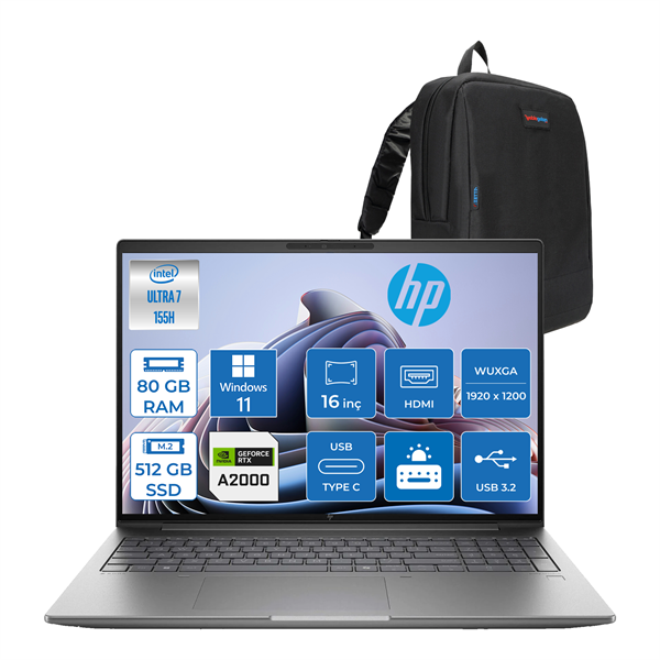 Hp Zbook Power G11 Ultra 7 155H 80GB Ddr5 512GB SSD 8GB/RTXA2000 16" Wuxga IPS Windows 11 Pro Yapay Zeka Destekli Mobil Iş Istasyonu 8T0U3EAP11 + Zettaçanta - Image 1