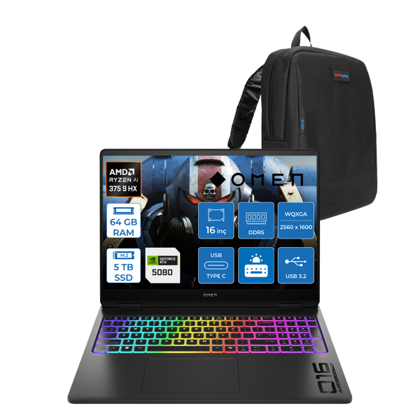Hp Omen Max 16-AK0002NT Amd Ryzen Aı 9 HX375 64GB Ddr5 1tb SSD + 4tb SSD 16GB Nvıdıa RTX5080 16 Inç 500NITS 2k Wqxga 240Hz 3ms IPS Freedos Siyah OBQ1X7EAF16 + Zetta Çanta - Image 1