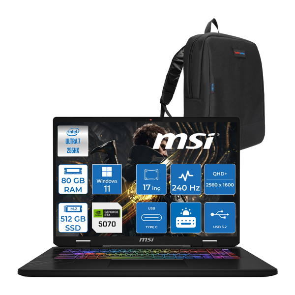 Msı Crosshaır 17 Hx Aı WD2XWGKG Intel Core Ultra 7-255HX  Aı 80GB GB 512GB SSD 8GB/RTX5070 115W 17″ 16:10 QHD+(2560 x 1600), 240Hz IPS Windows 11 Pro Taşınabilir Bilgisayar W018XTRW41+ZETTAÇANTA - Image 1