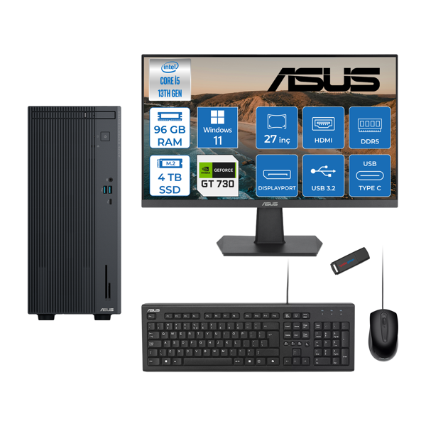 Asus Expertcenter P500MV Intel Core I5-13420H 96GB Ddr5 4tb SSD WIN11PRO 4GB/GT730 100HZ IPS 27" Mon Minitower Masaüstübilgisayar WF5136216512B0DW35+ZETTAUSBBELLEK - Image 1