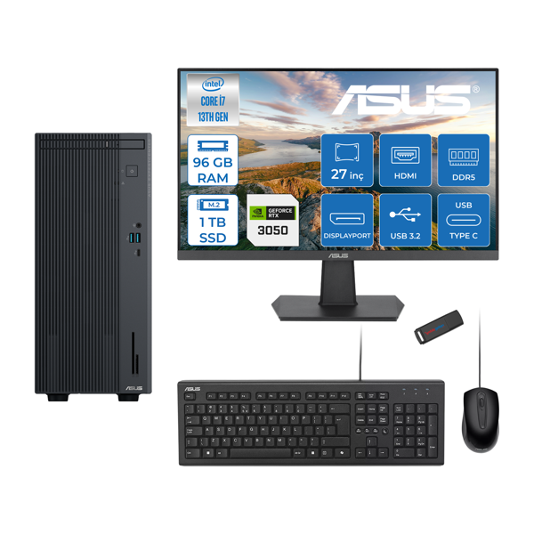 Asus Expertcenter P500MV Intel Core I7-13620H 96GB Ddr5 1tb SSD Freedos 6GB/RTX3050 100HZ IPS 27" Mon Minitower Masaüstübilgisayar WM7136216512B0DF33+ZETTAUSBBELLEK - Image 1