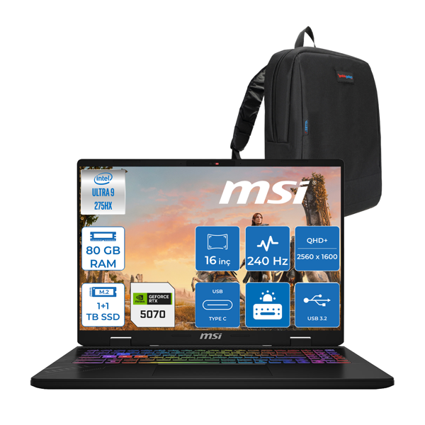 Msı Crosshaır 16 Hx Aı WD2XWGKG Intel Core Ultra 9-275HX  Aı 80GB GB 1tb+1tb SSD 8GB/RTX5070 115W 16″ 16:10 QHD+(2560 x 1600), 240Hz IPS Freedos Taşınabilir Bilgisayar W047XTRF44+ZETTAÇANTA - Image 1