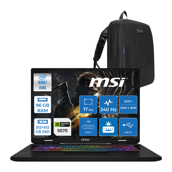 Msı Crosshaır 17 Hx Aı WD2XWGKG Intel Core Ultra 7-255HX  Aı 96GB GB 512GB SSD+512GB SSD 8GB/RTX5070 115W 17″ 16:10 QHD+(2560 x 1600), 240Hz IPS Freedos Taşınabilir Bilgisayar W018XTRF34+ZETTAÇANTA - Image 1