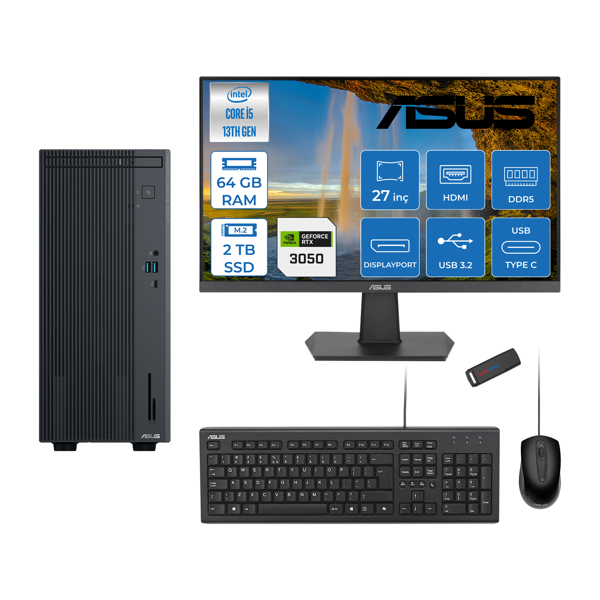 Asus Expertcenter P500MV Intel Core İ5-13420H 64GB Ddr5 2tb SSD Freedos 6GB/RTX3050 100HZ IPS 27" Mon Minitower Masaüstübilgisayar WM5136216512B0DF24+ZETTAUSBBELLEK - Image 1