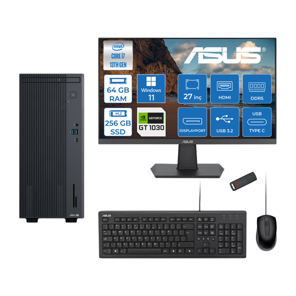 Asus Expertcenter P500MV Intel Core I7-13620H 64GB Ddr5 256GB SSD WIN11PRO 4GB/GT1030 100HZ IPS 27" Mon Minitower Masaüstübilgisayar WJ7136216512B0DW21+ZETTAUSBBELLEK - Image 1