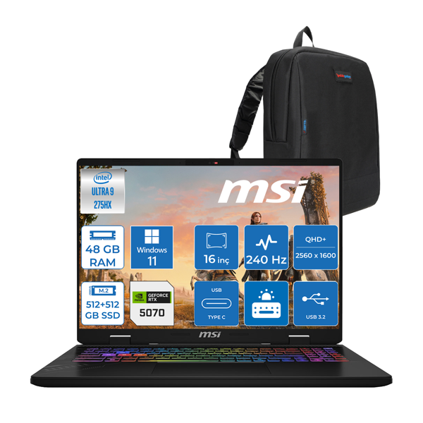 Msı Crosshaır 16 Hx Aı WD2XWGKG Intel Core Ultra 9-275HX  Aı 48GB GB 512GB SSD+512GB SSD  8GB/RTX5070 115W 16″ 16:10 QHD+(2560 x 1600), 240Hz IPS WIN11HOME Gaming Laptop W047XTRH18+ZETTAÇANTA - Image 1