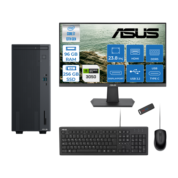 Asus Expertcenter P500MV Intel Core I7-13620H 96GB Ddr5 256GB SSD Freedos 6GB/RTX3050 100HZ IPS 23.8" Mon Minitower Masaüstübilgisayar WL7136216512B0DF31+ZETTAUSBBELLEK - Image 1