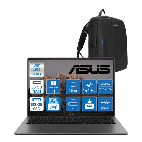 Asus Vivobook WS3607VA S16 Intel Core I7 13620H-56GB DDR5-512GB Ssd-16" Wuxga IPS 300NITS 144Hz WIN11HOME Taşınabilir Bilgisayar ZRP077H27+ZETTAÇANTA - Image 1