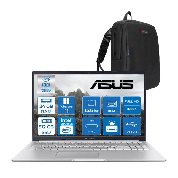 Asus Vivobook 15 X1502VA Intel Core I5 13420H 24GB 512GBSSD Windows 11 Pro 15.6" Fhd Taşınabilir Bilgisayar WNJ870P12+ZETTAÇANTA - Image 1