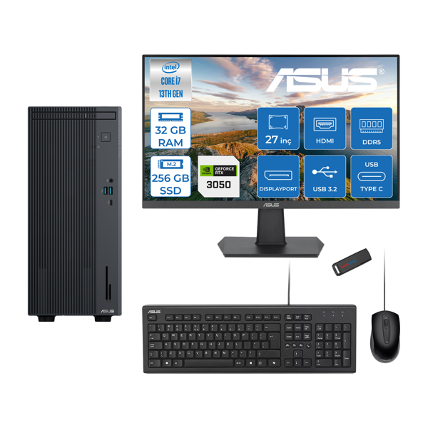 Asus Expertcenter P500MV Intel Core I7-13620H 32GB Ddr5 256GB SSD Freedos 6GB/RTX3050 100HZ IPS 27" Mon Minitower Masaüstübilgisayar WM7136216512B0DF11+ZETTAUSBBELLEK - Image 1